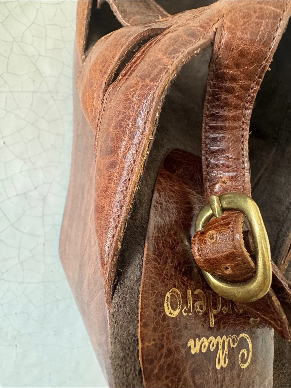 Calleen Cordero Brown Distress Leather Wedge Platform Sandals Wooden Heel Size 8